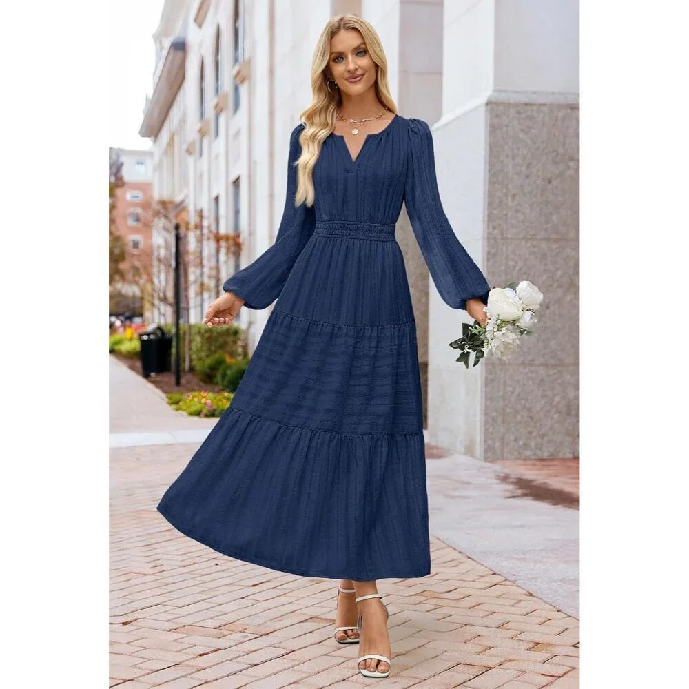 Winter Spring Midi Dresses for Women 2026 Casual Vacation Long Sleeve V Neck Tie - Picture 6 of 6
